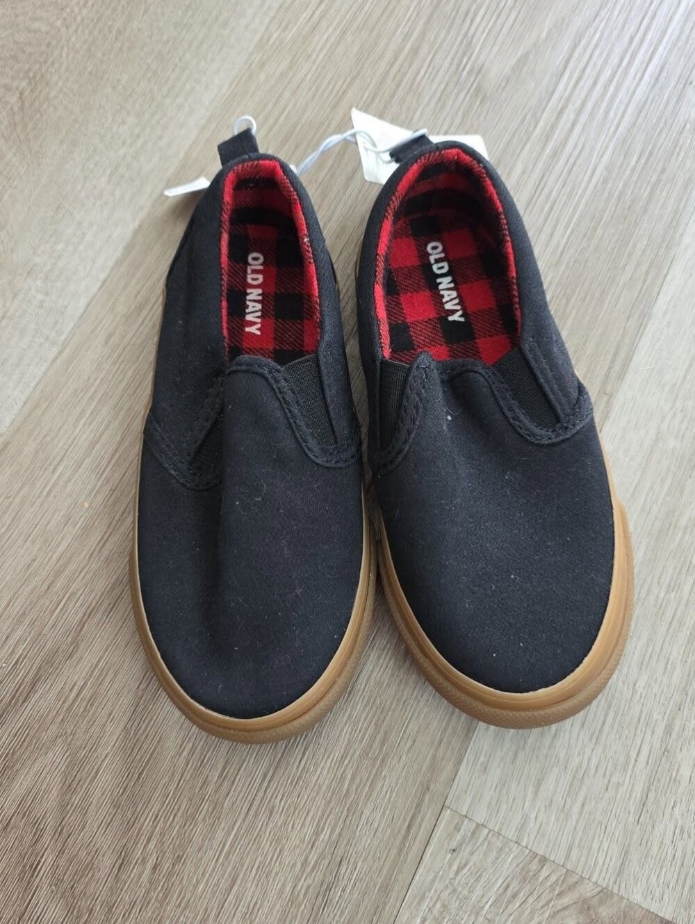 Old Navy Black Canvas Slip-On Sneakers with Red Plaid Lining